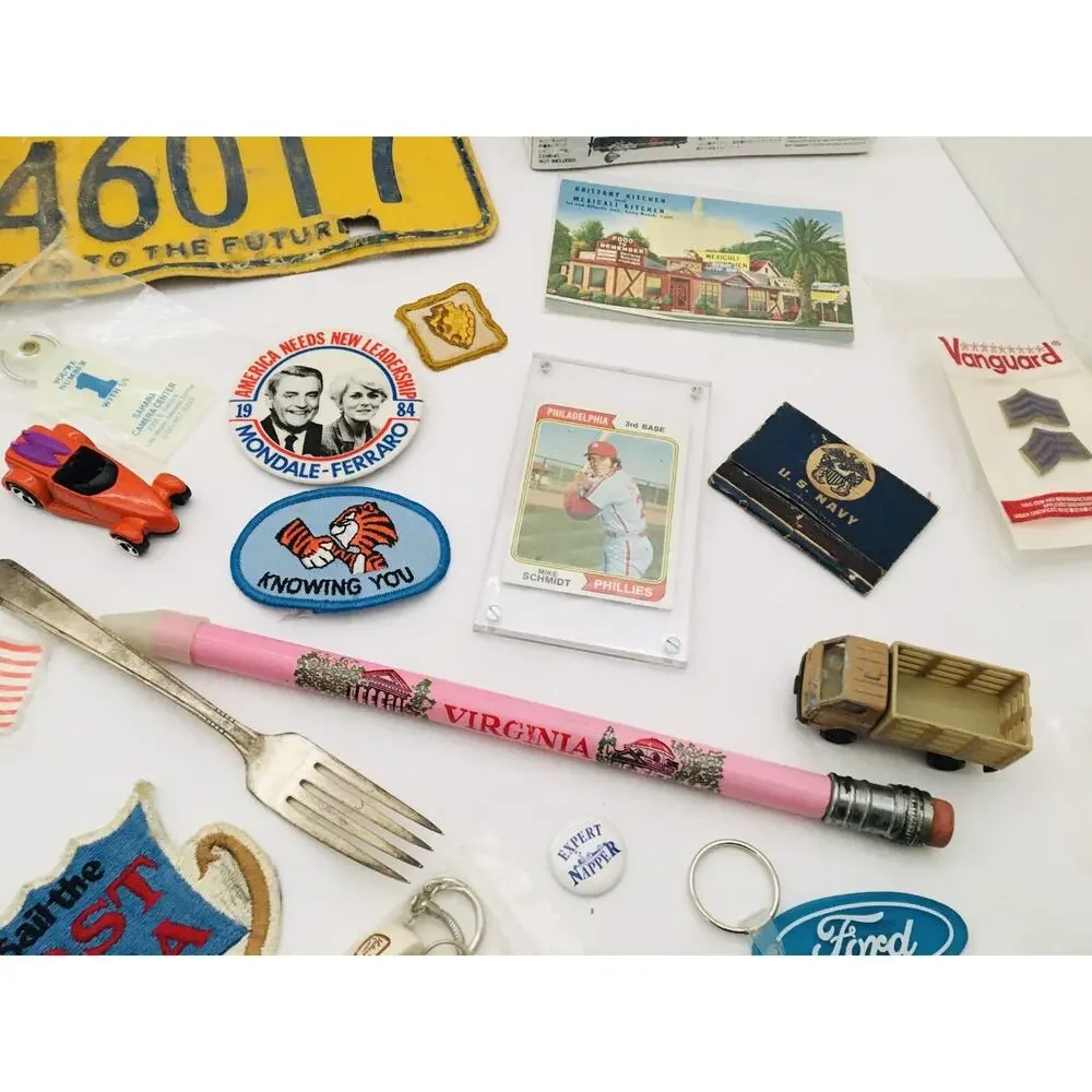 Junk Drawer Lot Vtg Key Chains Patches Baseball Cards Map Type 99 Model Military